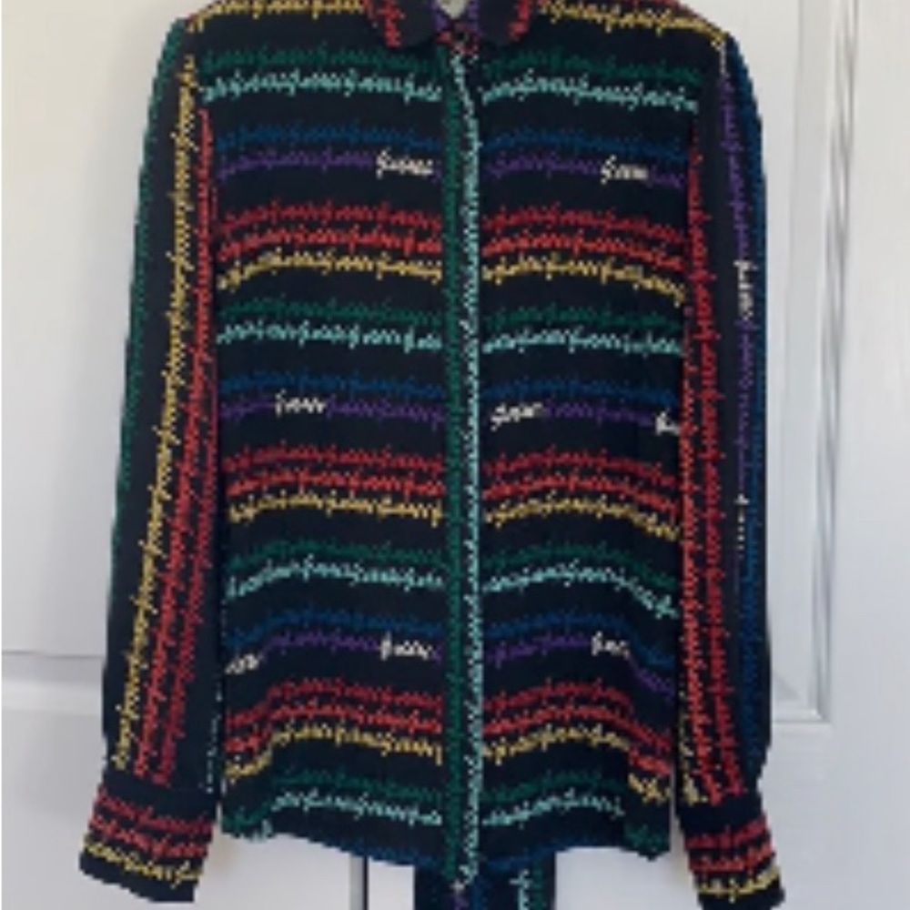Gucci rainbow script silk blouse tie neck.